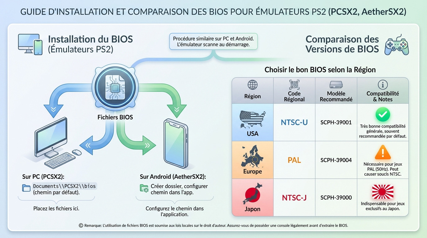 Interface de configuration du BIOS dans PCSX2 montrant la sélection des fichiers régionaux