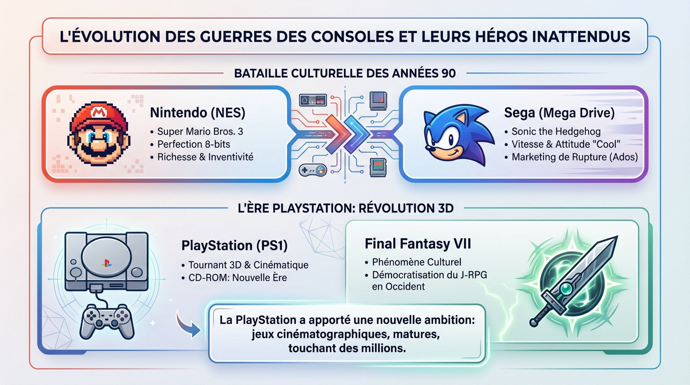 Evolution du retrogaming montrant la guerre des consoles entre Nintendo et Sega