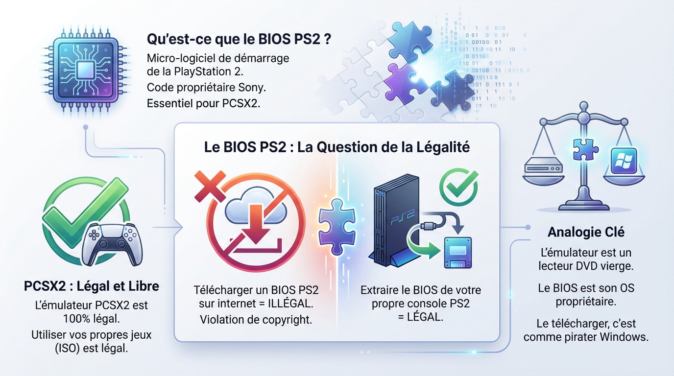 Illustration montrant la différence entre un BIOS PS2 légal et illégal pour PCSX2